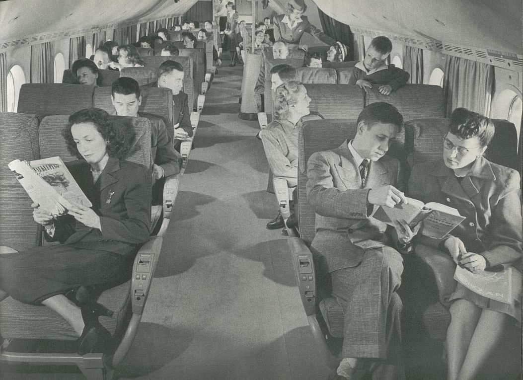 1956 A long cabin view of the Boeing 377 Stratocruiser.